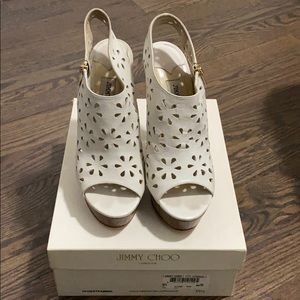 Jimmy Choo perforated leather/ wood platform heel